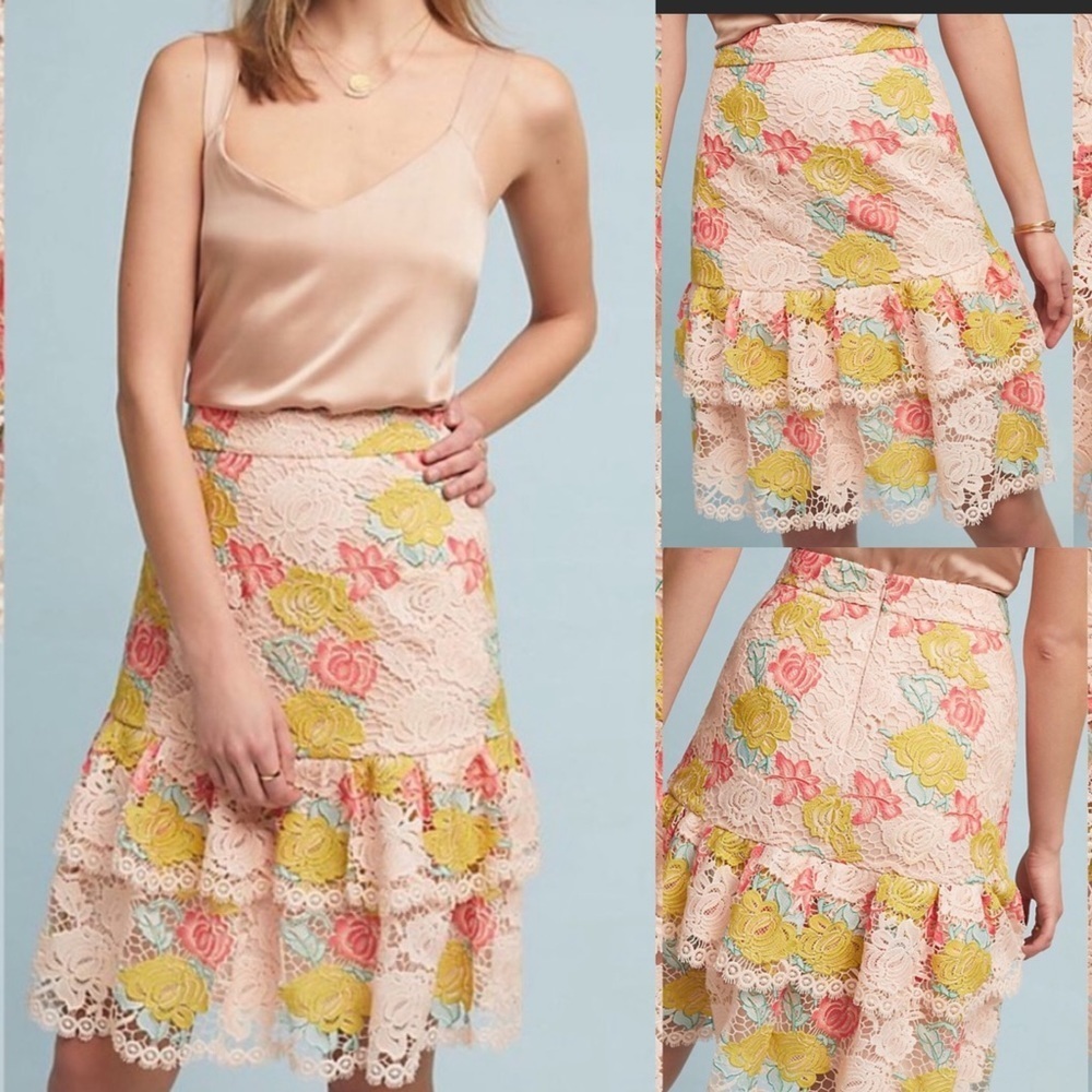 Anthropologie Pink Floral Lace Ruffle Skirt
